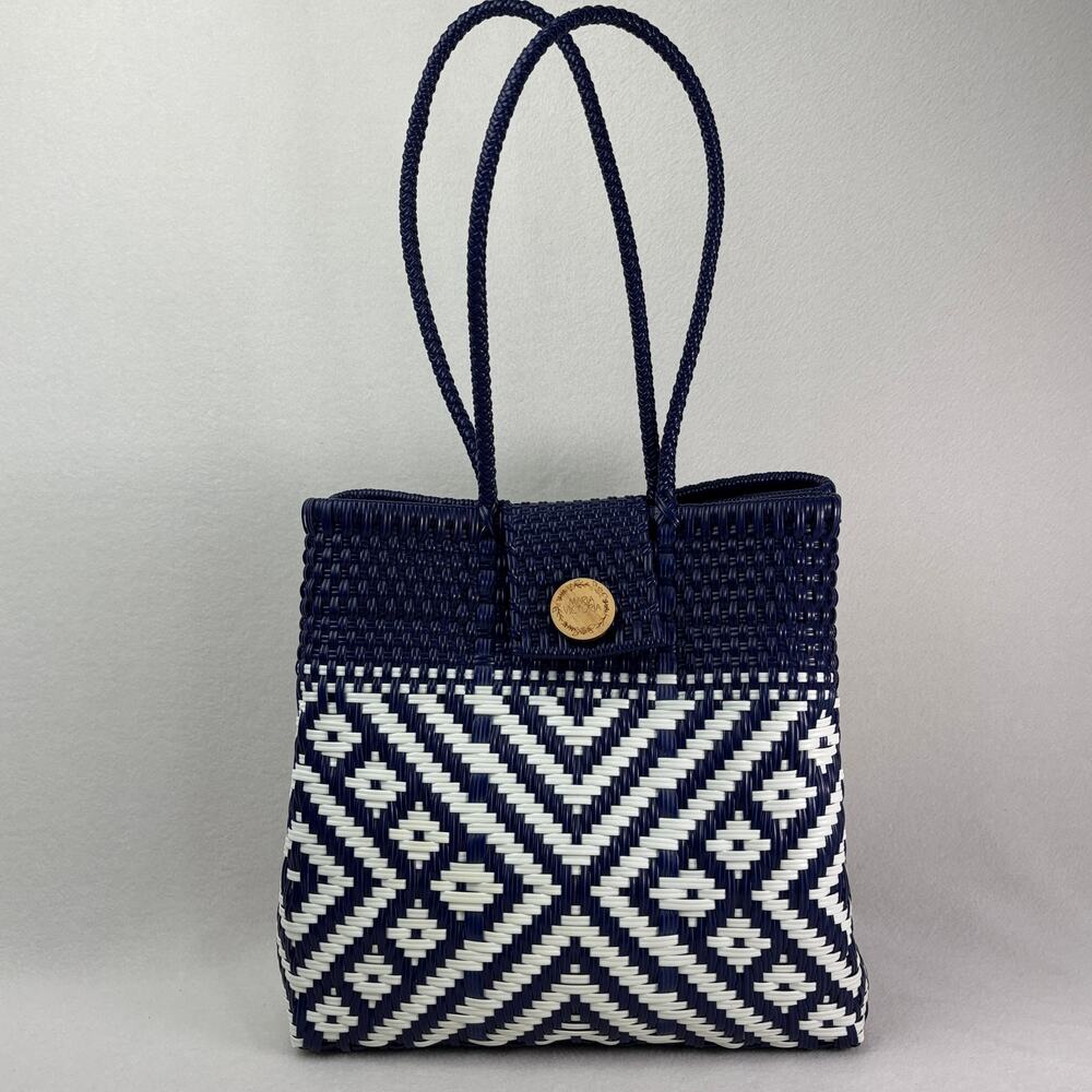 Maria Victoria Navy White Snap Close Structured Tote Handwoven Upcycled Plastic